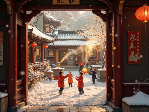 春节庆祝活动场景，红色装饰和灯笼布置，人们穿着节日服装参与庆祝，温暖灯光营造喜庆氛围